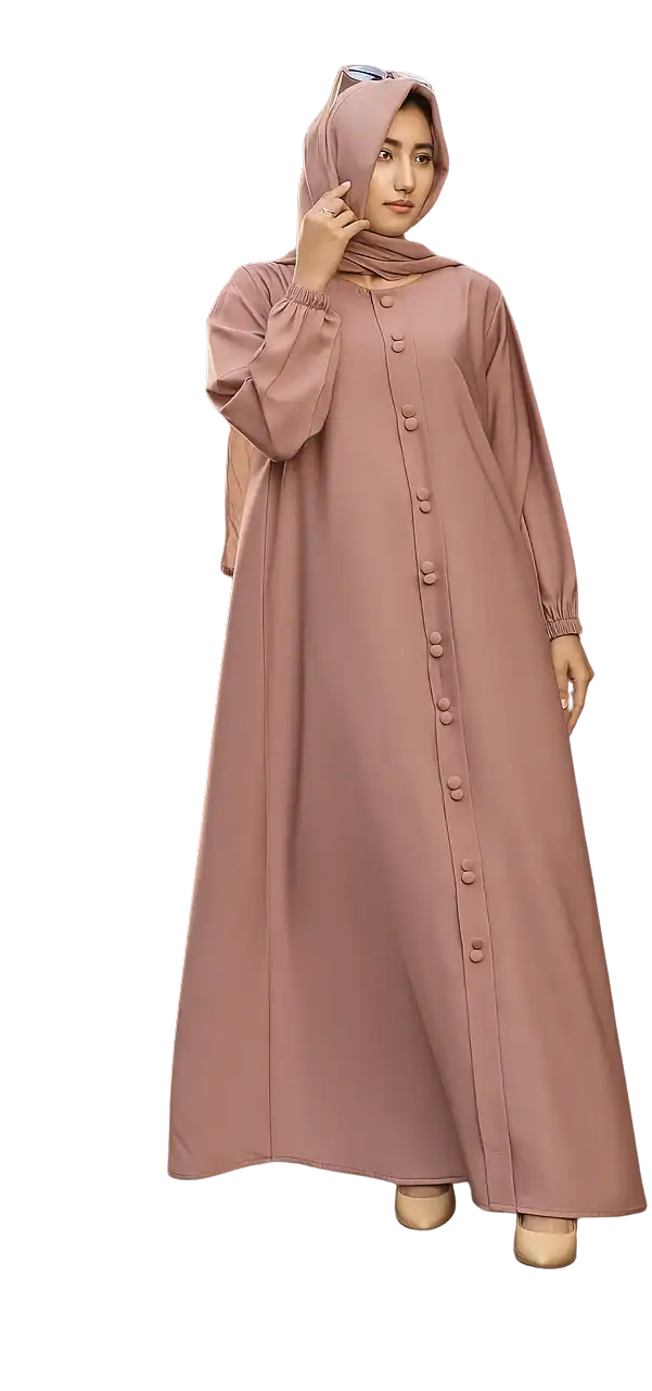 Woman wearing stylish pink buttoned modest dress and hijab
