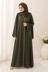 Olive Satin-Trim Abaya